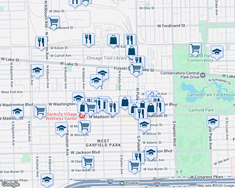 map of restaurants, bars, coffee shops, grocery stores, and more near 4121 West West End Avenue in Chicago
