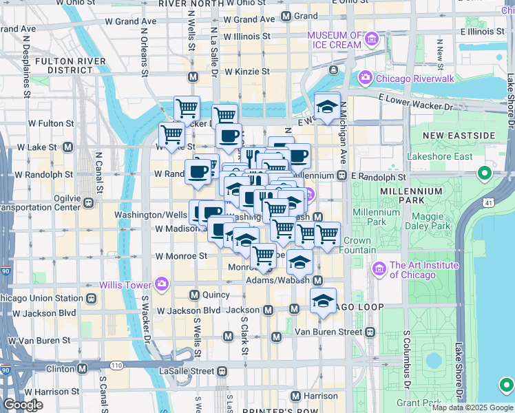 map of restaurants, bars, coffee shops, grocery stores, and more near 69 West Washington Street in Chicago