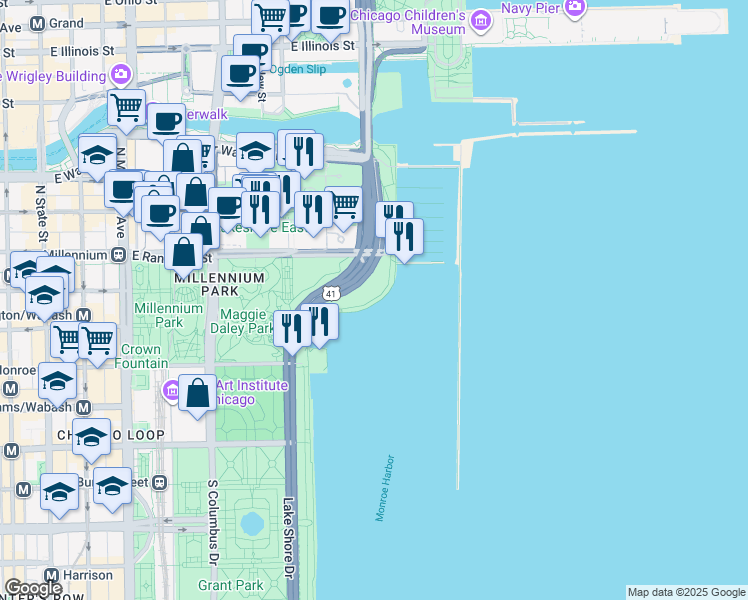 map of restaurants, bars, coffee shops, grocery stores, and more near Lakefront Trail in Chicago
