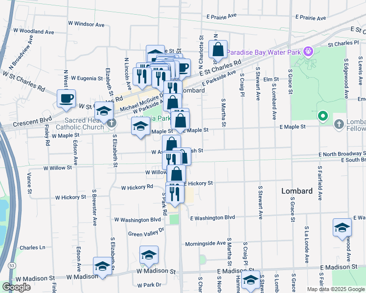 map of restaurants, bars, coffee shops, grocery stores, and more near 230 South Main Street in Lombard