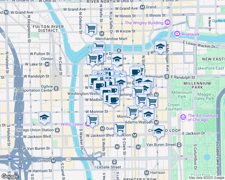 map of restaurants, bars, coffee shops, grocery stores, and more near North La Salle Street in Chicago
