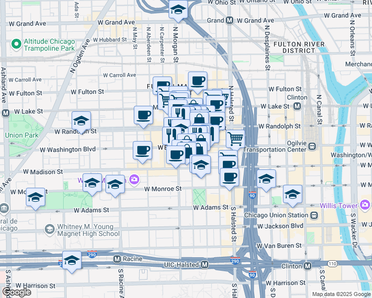 map of restaurants, bars, coffee shops, grocery stores, and more near 941 West Washington Boulevard in Chicago