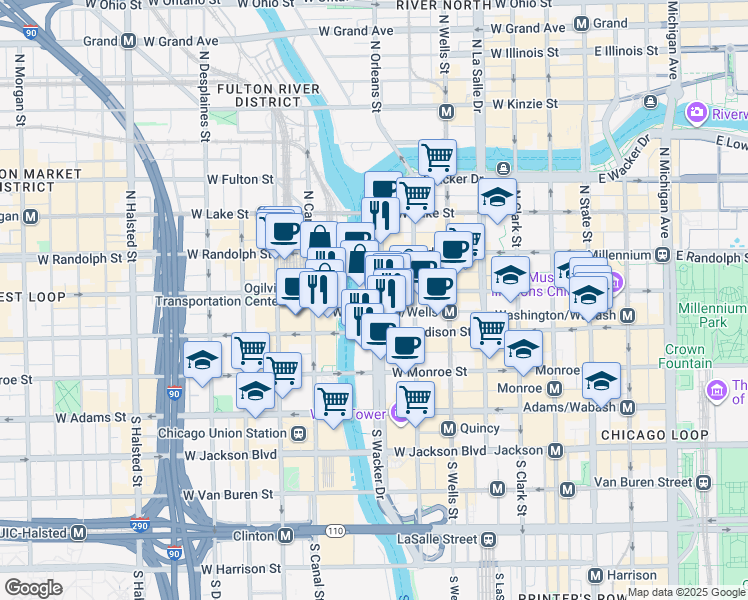 map of restaurants, bars, coffee shops, grocery stores, and more near 68 North Upper Wacker Drive in Chicago