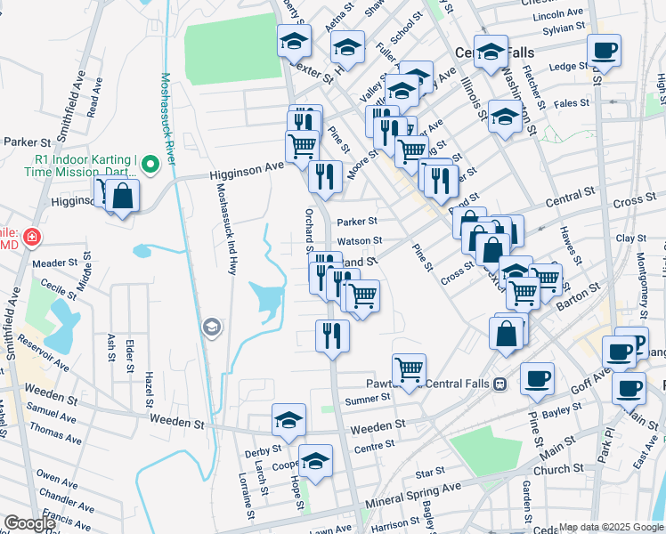 map of restaurants, bars, coffee shops, grocery stores, and more near 585 Lonsdale Avenue in Central Falls