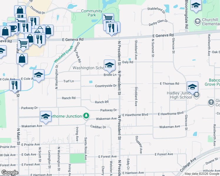 map of restaurants, bars, coffee shops, grocery stores, and more near 826 Countryside Drive in Wheaton