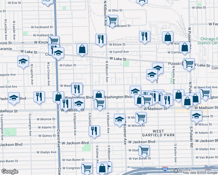 map of restaurants, bars, coffee shops, grocery stores, and more near 4555 West West End Avenue in Chicago