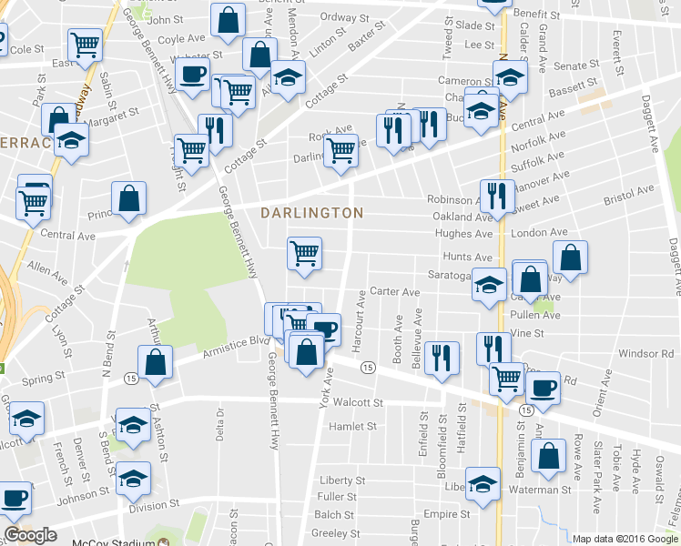 map of restaurants, bars, coffee shops, grocery stores, and more near 982 York Avenue in Pawtucket
