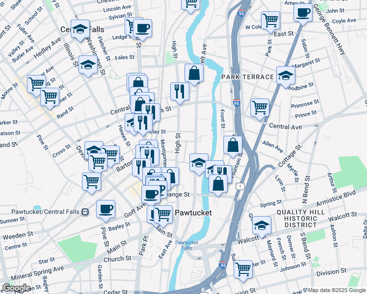map of restaurants, bars, coffee shops, grocery stores, and more near 38 Darrow St in Pawtucket