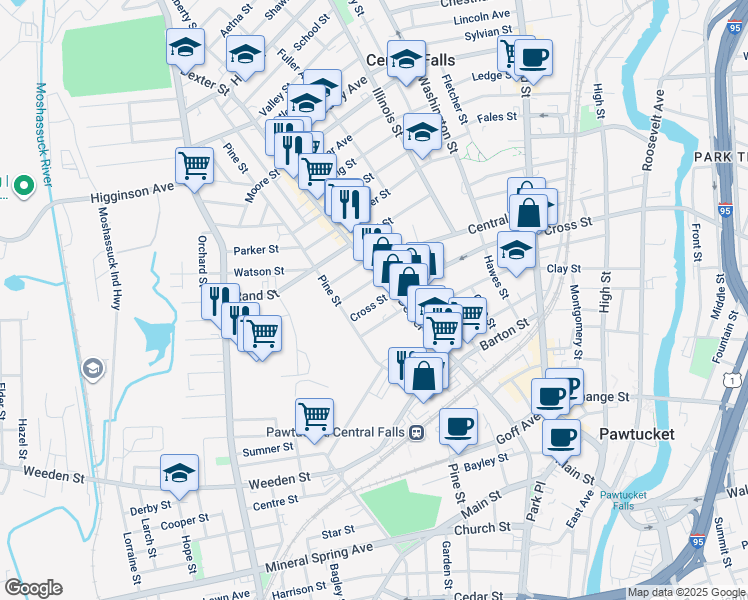 map of restaurants, bars, coffee shops, grocery stores, and more near 203 Cross Street in Central Falls