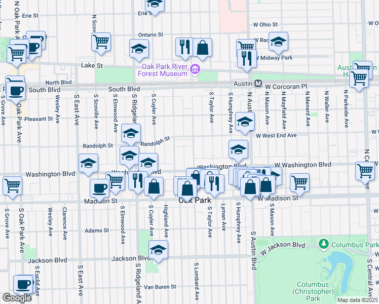 map of restaurants, bars, coffee shops, grocery stores, and more near 319 South Lombard Avenue in Oak Park