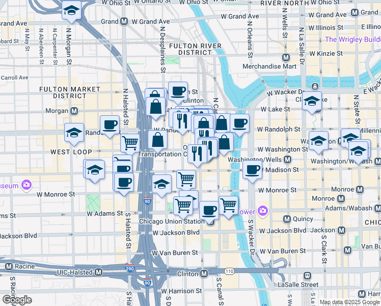 map of restaurants, bars, coffee shops, grocery stores, and more near 559 W Washington Blvd in Chicago