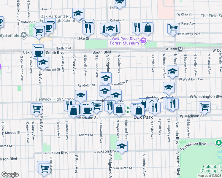 map of restaurants, bars, coffee shops, grocery stores, and more near 312 South Ridgeland Avenue in Oak Park