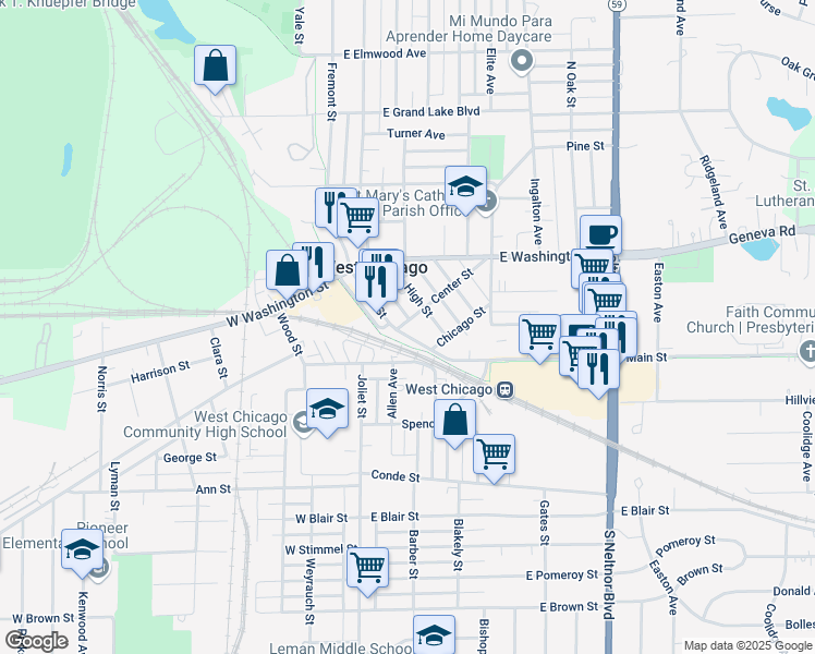 map of restaurants, bars, coffee shops, grocery stores, and more near 305A Main Street in West Chicago