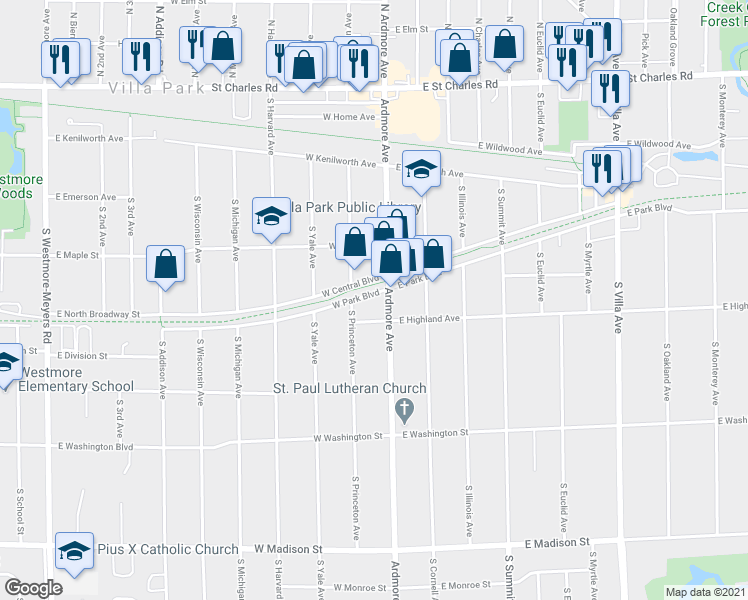 map of restaurants, bars, coffee shops, grocery stores, and more near 11 West Park Boulevard in Villa Park
