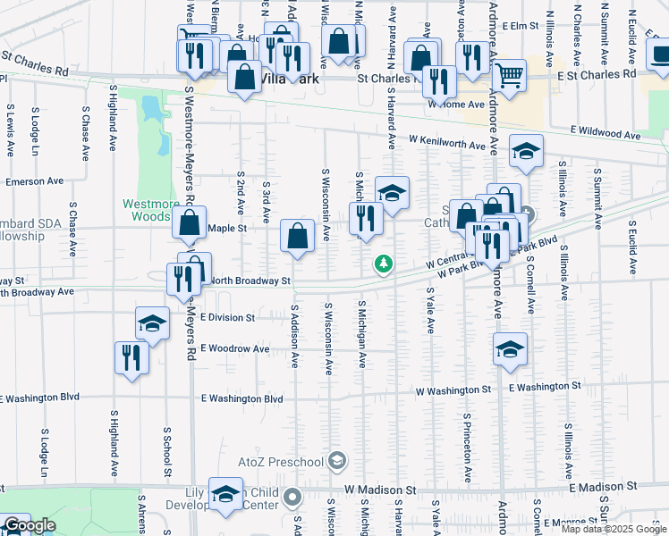 map of restaurants, bars, coffee shops, grocery stores, and more near 347 South Wisconsin Avenue in Villa Park
