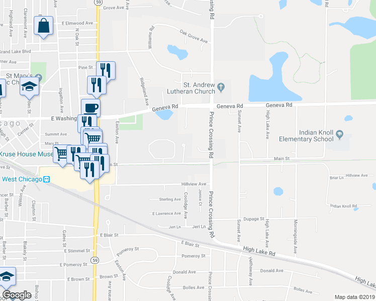 map of restaurants, bars, coffee shops, grocery stores, and more near 219 Woodboro Drive in West Chicago