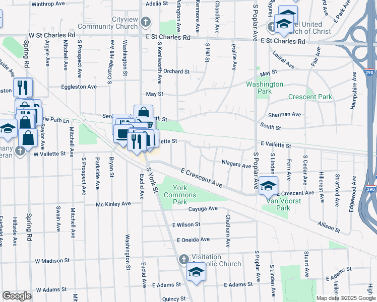 map of restaurants, bars, coffee shops, grocery stores, and more near 555 Arlington Avenue in Elmhurst