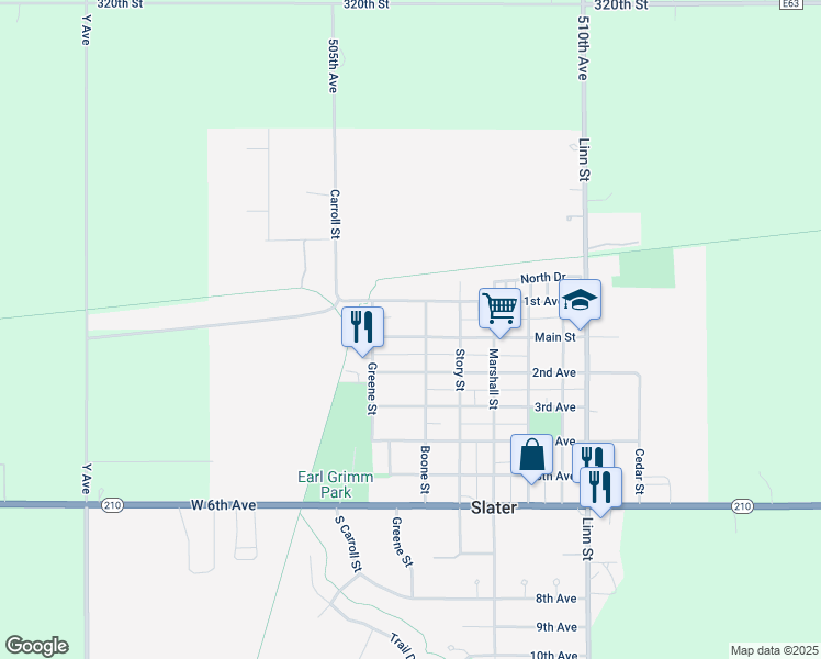 map of restaurants, bars, coffee shops, grocery stores, and more near 605 Main Street in Slater