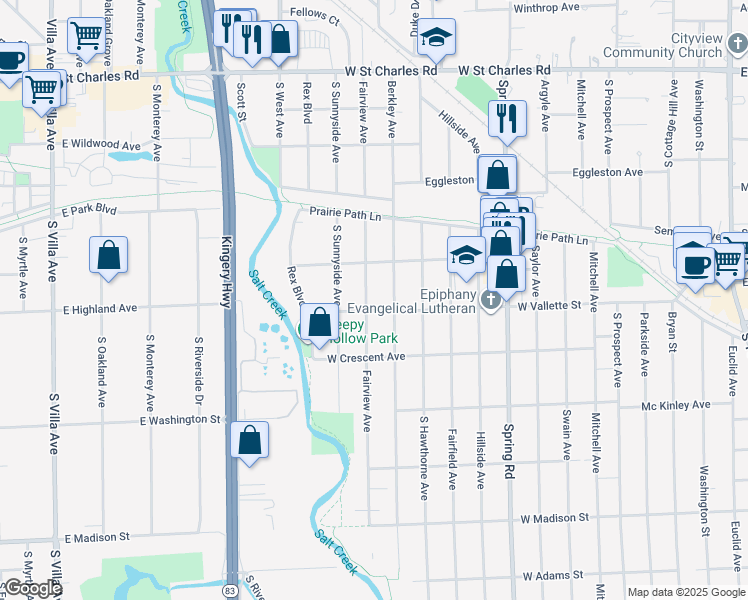 map of restaurants, bars, coffee shops, grocery stores, and more near 569 South Fairview Avenue in Elmhurst