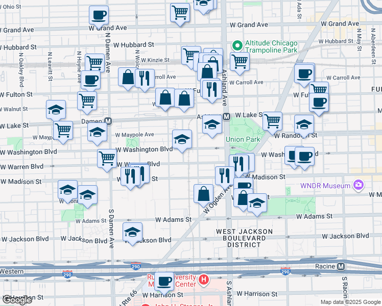 map of restaurants, bars, coffee shops, grocery stores, and more near 1721 West Washington Boulevard in Chicago