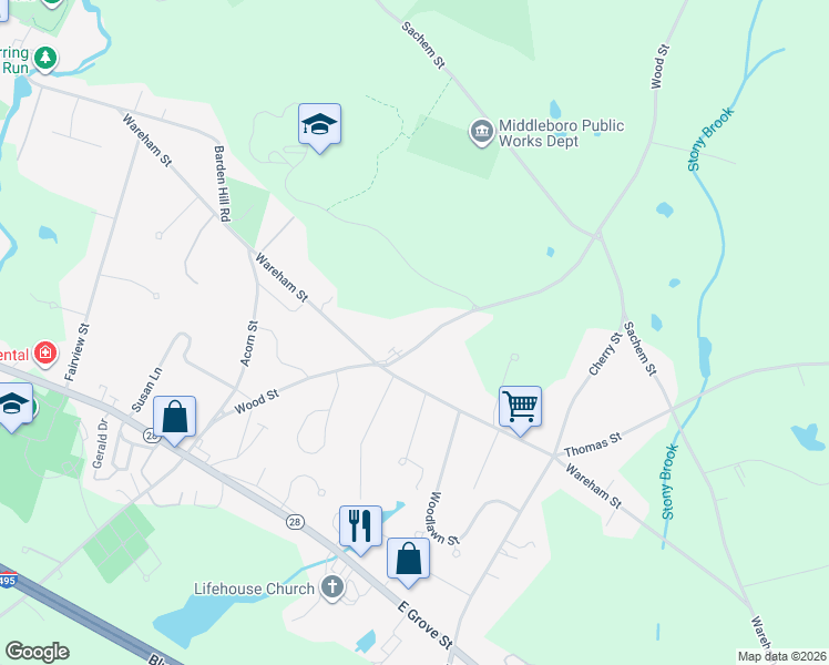 map of restaurants, bars, coffee shops, grocery stores, and more near 180 Wood Street in Middleborough