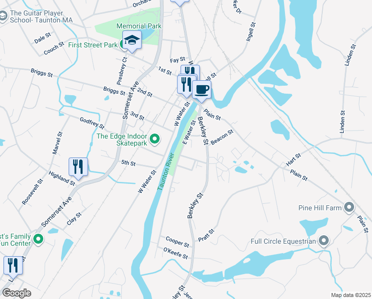 map of restaurants, bars, coffee shops, grocery stores, and more near 12 Southeast Street in Taunton