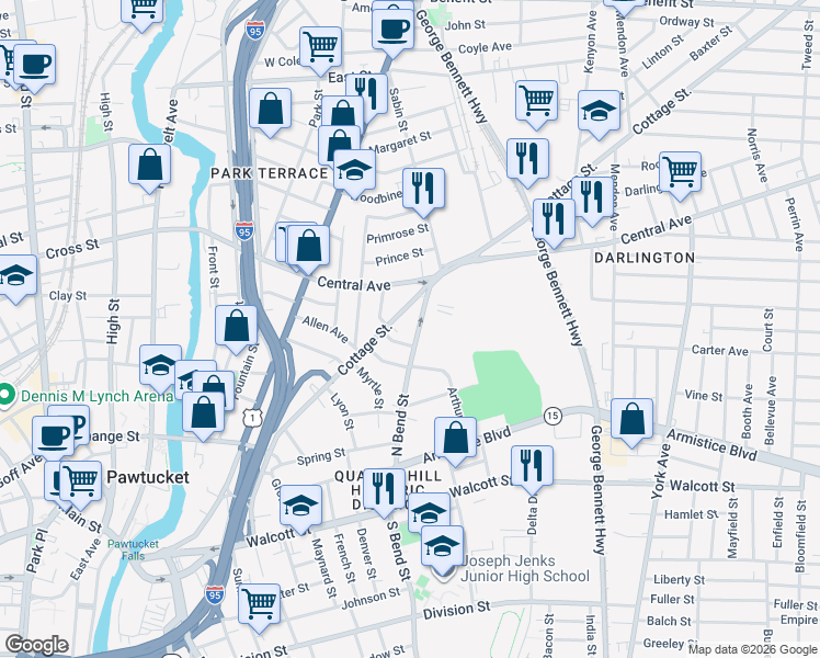 map of restaurants, bars, coffee shops, grocery stores, and more near 203 Cottage Street in Pawtucket
