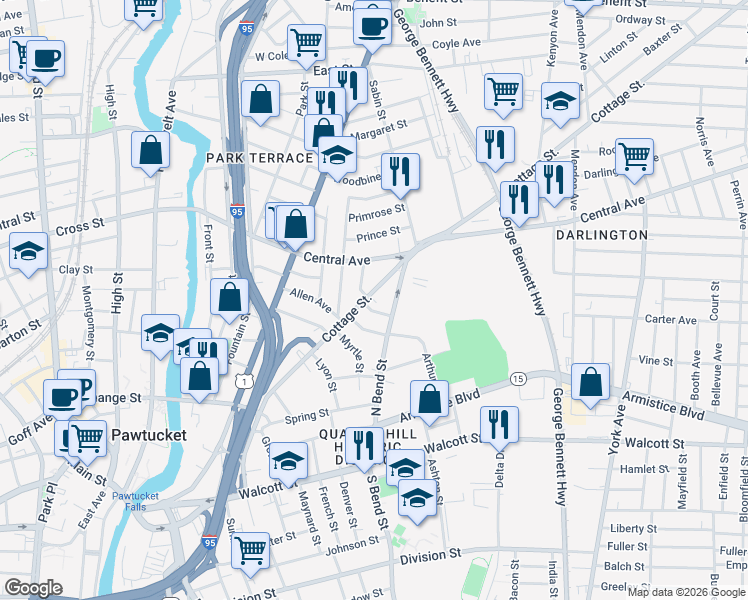 map of restaurants, bars, coffee shops, grocery stores, and more near 203 Cottage Street in Pawtucket