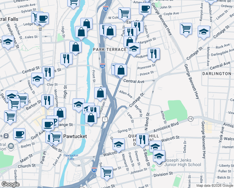 map of restaurants, bars, coffee shops, grocery stores, and more near 340 Broadway in Pawtucket