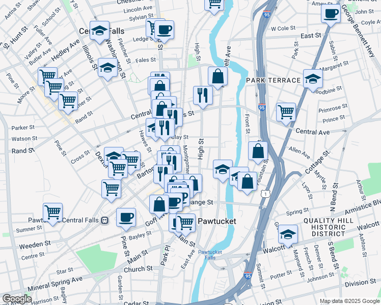 map of restaurants, bars, coffee shops, grocery stores, and more near 159 Montgomery Street in Pawtucket