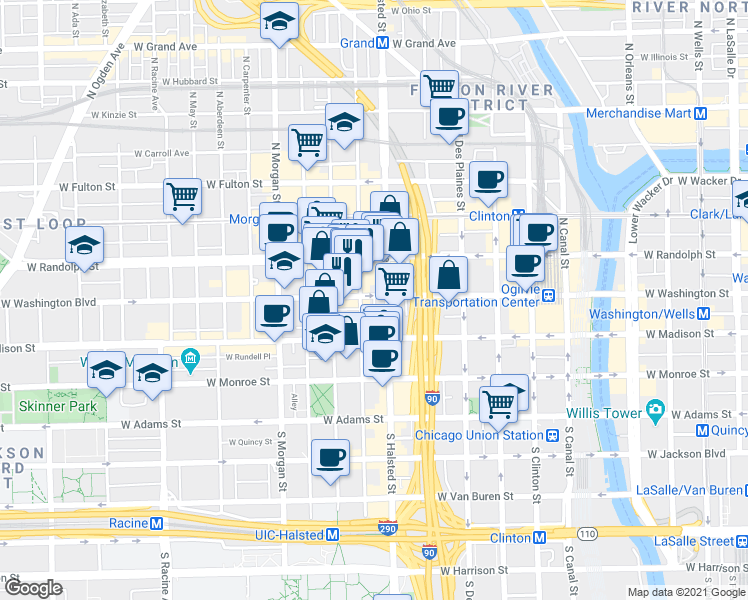 map of restaurants, bars, coffee shops, grocery stores, and more near in Chicago