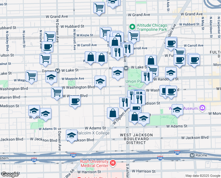 map of restaurants, bars, coffee shops, grocery stores, and more near 1655 West Washington Boulevard in Chicago
