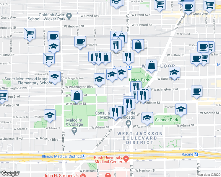 map of restaurants, bars, coffee shops, grocery stores, and more near 1655 West Washington Boulevard in Chicago