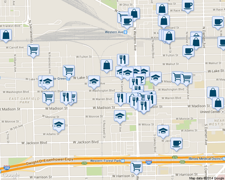 map of restaurants, bars, coffee shops, grocery stores, and more near 2538 West Washington Boulevard in Chicago
