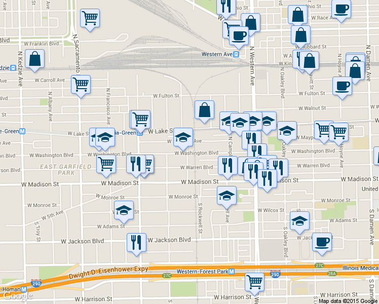 map of restaurants, bars, coffee shops, grocery stores, and more near 2604 West Washington Boulevard in Chicago