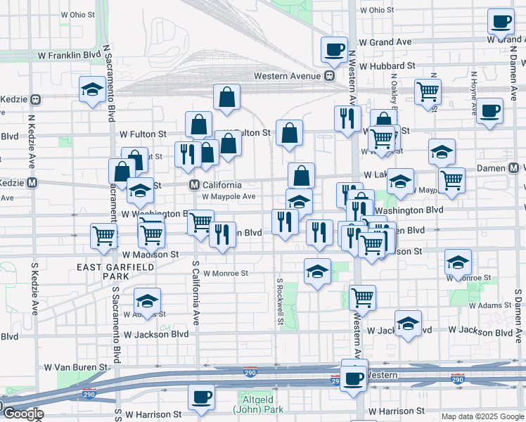 map of restaurants, bars, coffee shops, grocery stores, and more near 2604 West Washington Boulevard in Chicago