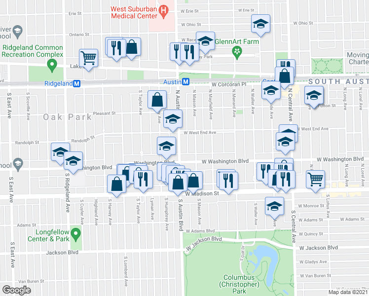 map of restaurants, bars, coffee shops, grocery stores, and more near 132 North Mason Avenue in Chicago