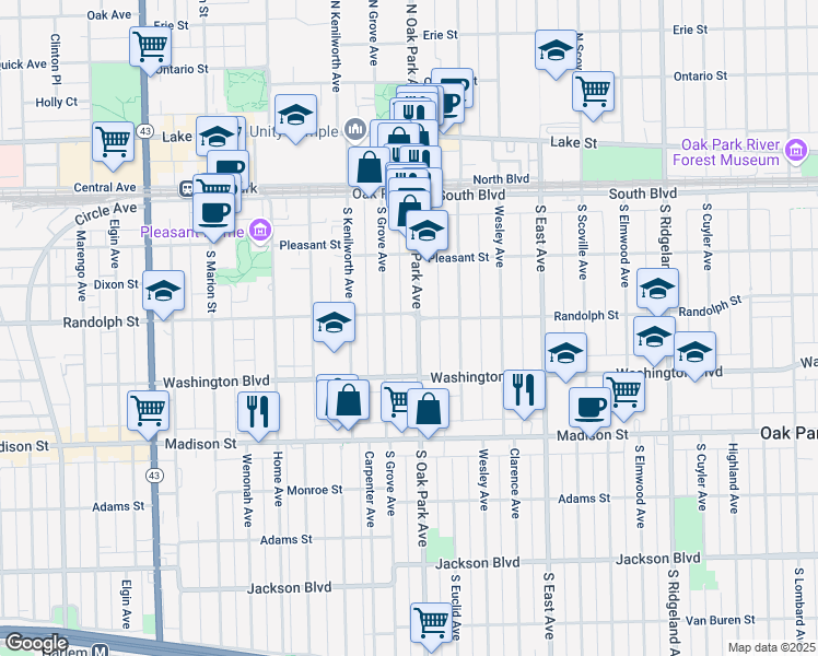 map of restaurants, bars, coffee shops, grocery stores, and more near 307 South Oak Park Avenue in Oak Park