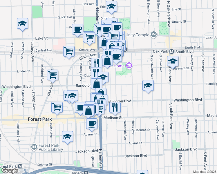 map of restaurants, bars, coffee shops, grocery stores, and more near 100 South Maple Avenue in Oak Park