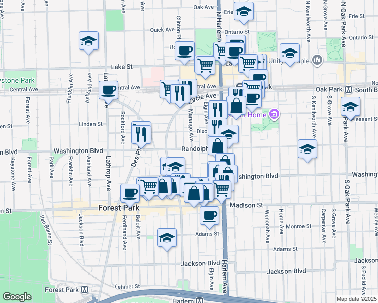 map of restaurants, bars, coffee shops, grocery stores, and more near 7244 Randolph Street in Forest Park