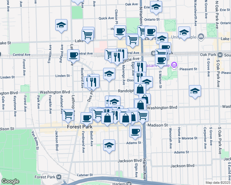 map of restaurants, bars, coffee shops, grocery stores, and more near 7314 Randolph Street in Forest Park