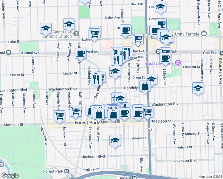 map of restaurants, bars, coffee shops, grocery stores, and more near 7406 Randolph Street in Forest Park