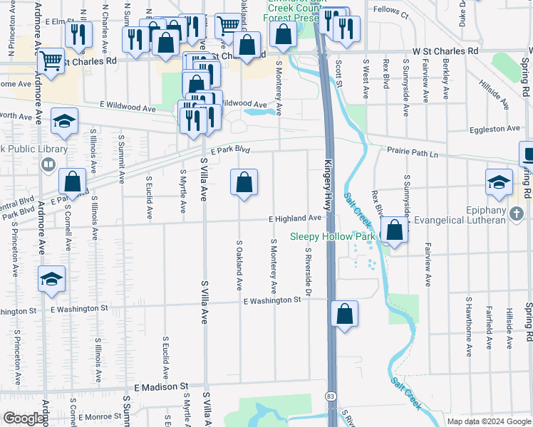 map of restaurants, bars, coffee shops, grocery stores, and more near 526 East Highland Avenue in Villa Park
