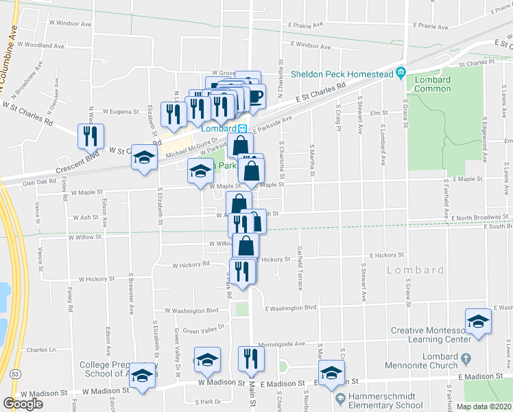 map of restaurants, bars, coffee shops, grocery stores, and more near 230 South Main Street in Lombard