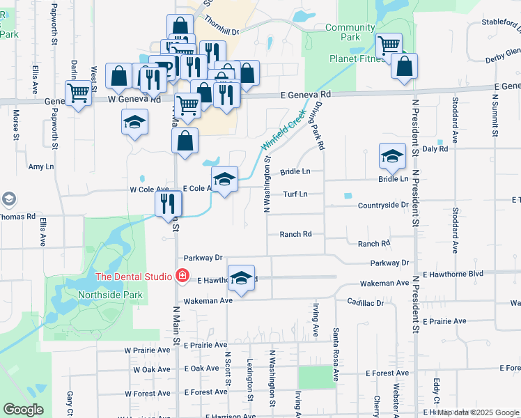 map of restaurants, bars, coffee shops, grocery stores, and more near 405 Countryside Drive in Wheaton