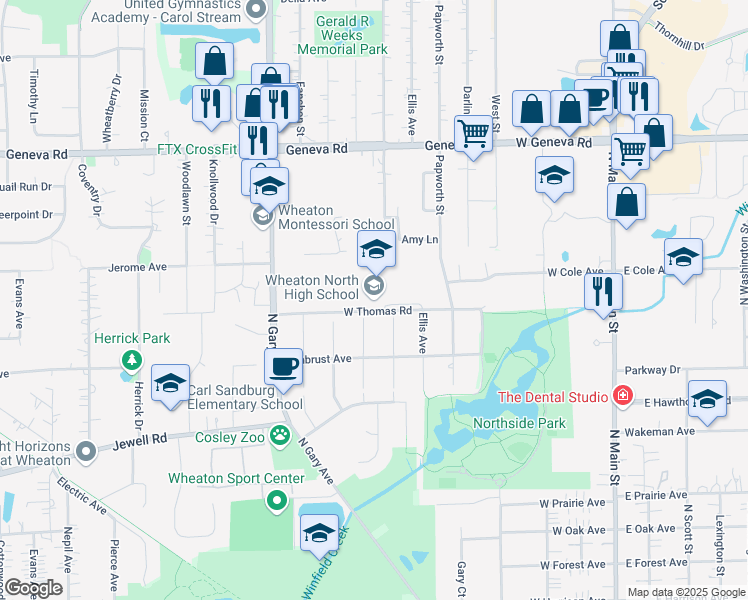 map of restaurants, bars, coffee shops, grocery stores, and more near N509 Farwell Street in Wheaton