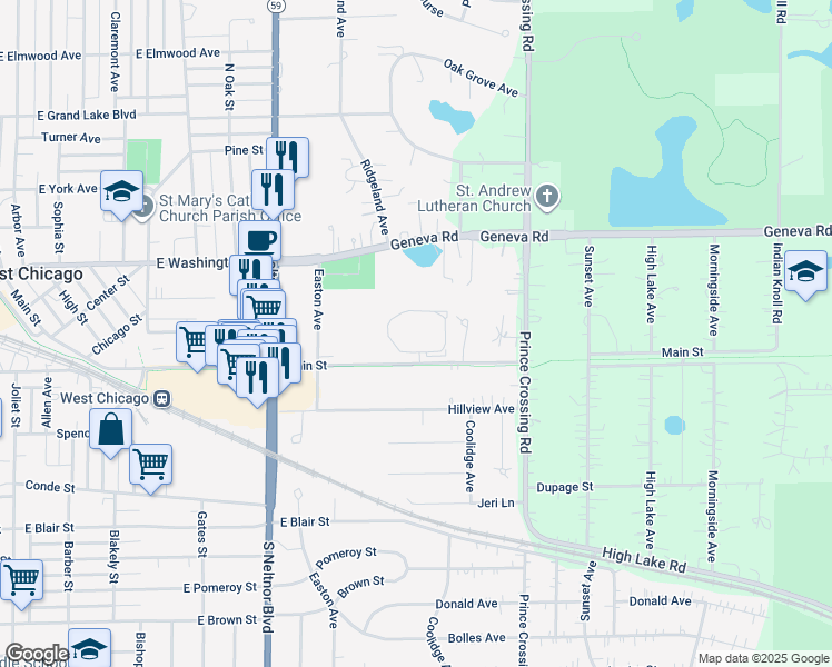 map of restaurants, bars, coffee shops, grocery stores, and more near 801 Burr Oaks Drive in West Chicago