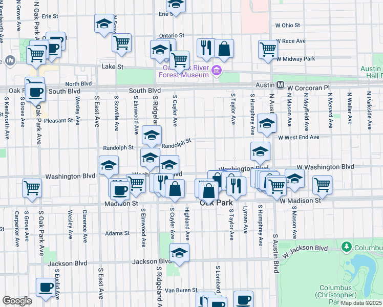map of restaurants, bars, coffee shops, grocery stores, and more near 319 South Harvey Avenue in Oak Park