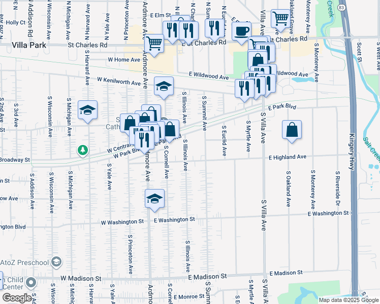 map of restaurants, bars, coffee shops, grocery stores, and more near 321 South Illinois Avenue in Villa Park