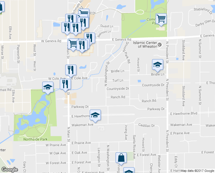 map of restaurants, bars, coffee shops, grocery stores, and more near 405 Countryside Drive in Wheaton